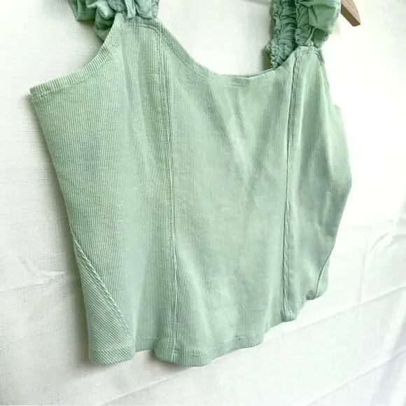 ANTHROPOLOGIE Puff Sleeve Cropped Tank Top Size L Mint Cottagecore Ribbed Cotton - Picture 2 of 11